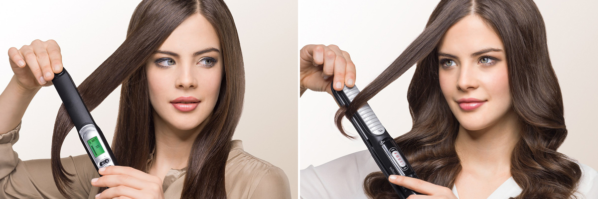 выпрямление и завивка волос с помощью утюжка Браун