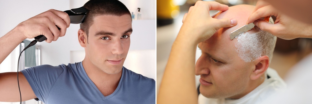 бритьё головы с помощью машинки для стрижки или опасной бритвы
